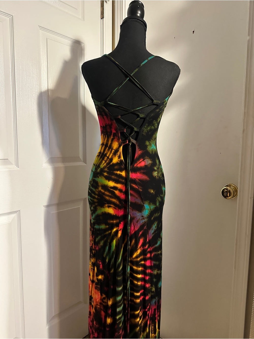 Tie-Dye Cowl Neck Maxi Dress in Black with Multicolor Accents - Picture 3 of 4